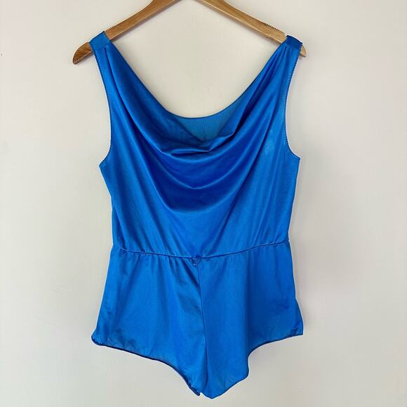 Vintage 80s Undercover Wear Blue Romper Lingerie Teddy Cowl Neck Pajamas M - Picture 1 of 11